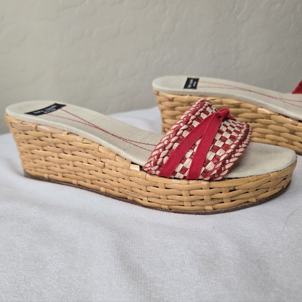 Kate Spade Red and Cream Checkered Woven Wicker Espadrilles Wedge Sandals 8B - Picture 5 of 10